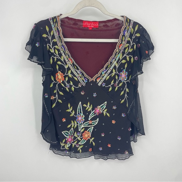 Vintage Aftershock Beaded floral Top 100% Silk Sz L flutter sleeve black - Picture 1 of 8